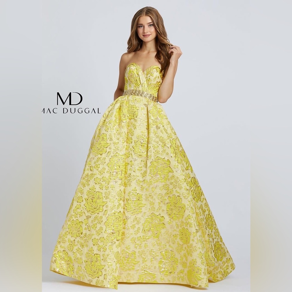 Mac Duggal Long Strapless Floral Metallic Ballgown - Size 8